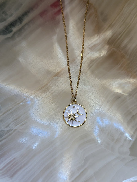 White Enamel Sun and Moon Gold Necklace