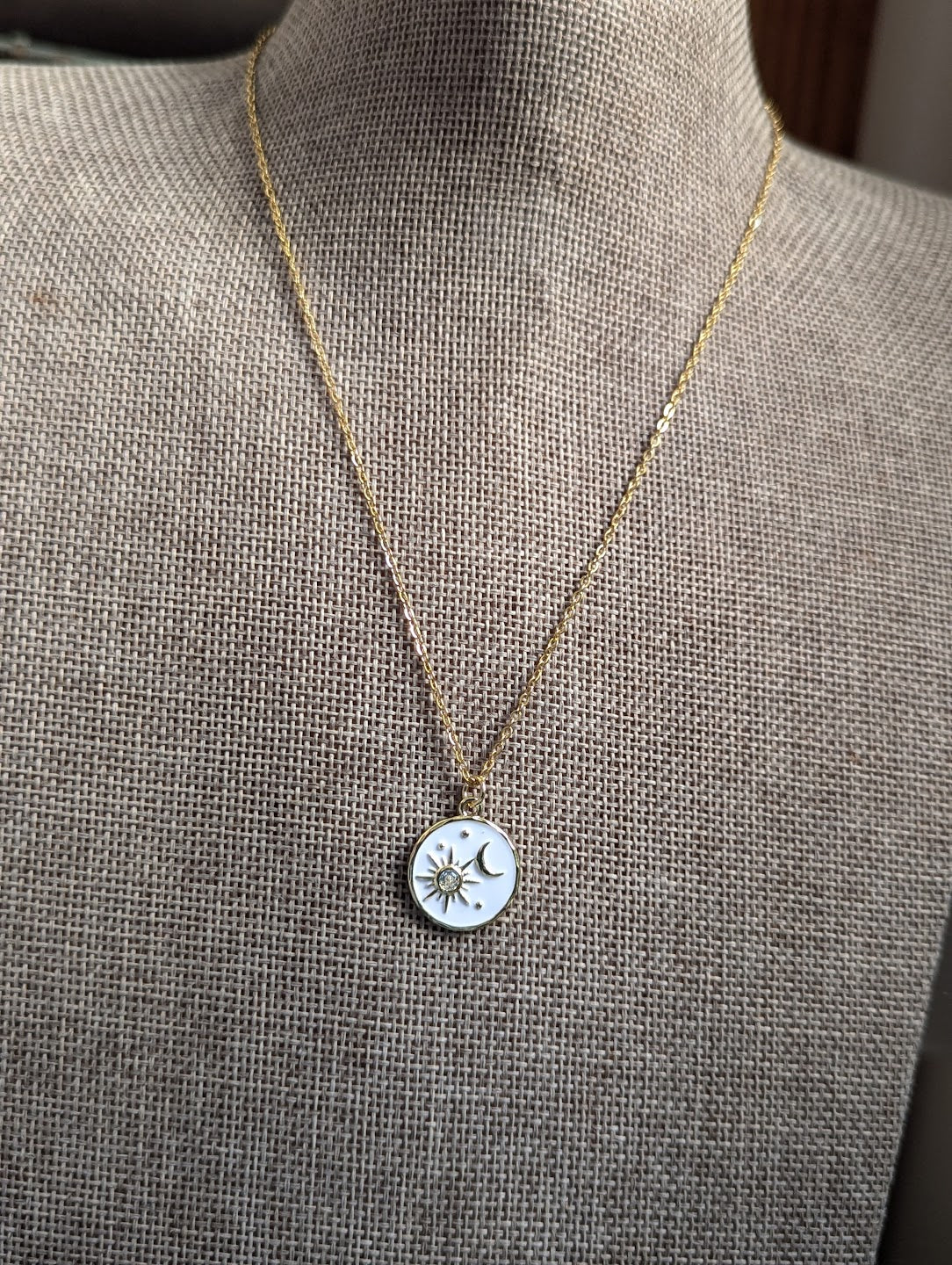 White Enamel Sun and Moon Gold Necklace