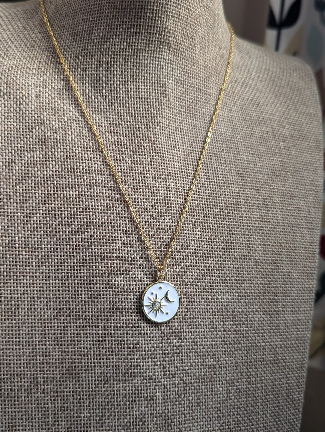 White Enamel Sun and Moon Gold Necklace