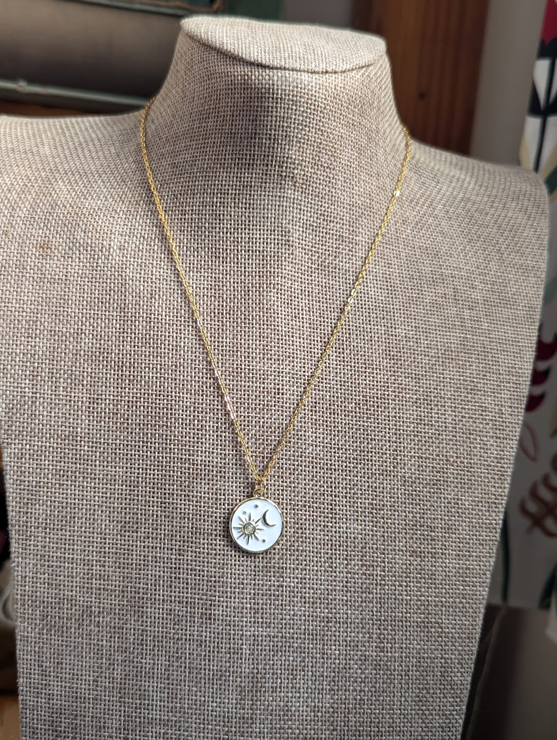 White Enamel Sun and Moon Gold Necklace