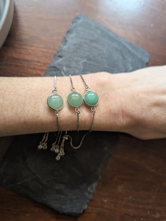 Round Green Aventurine Silver Slider Bracelet