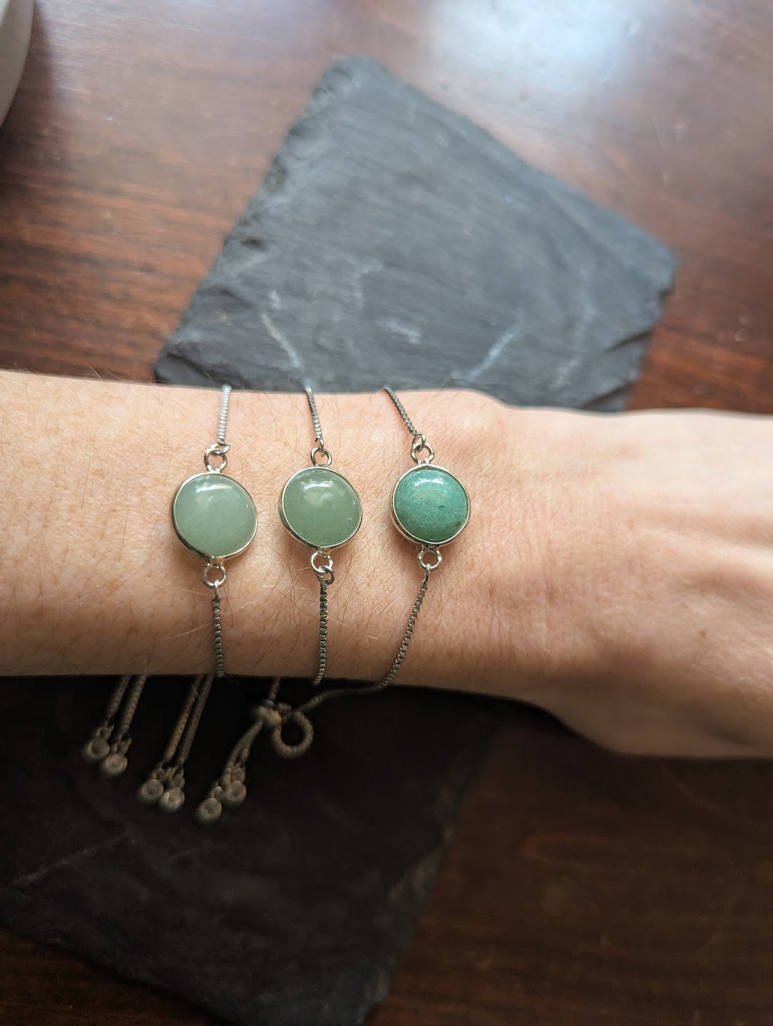 Round Green Aventurine Silver Slider Bracelet