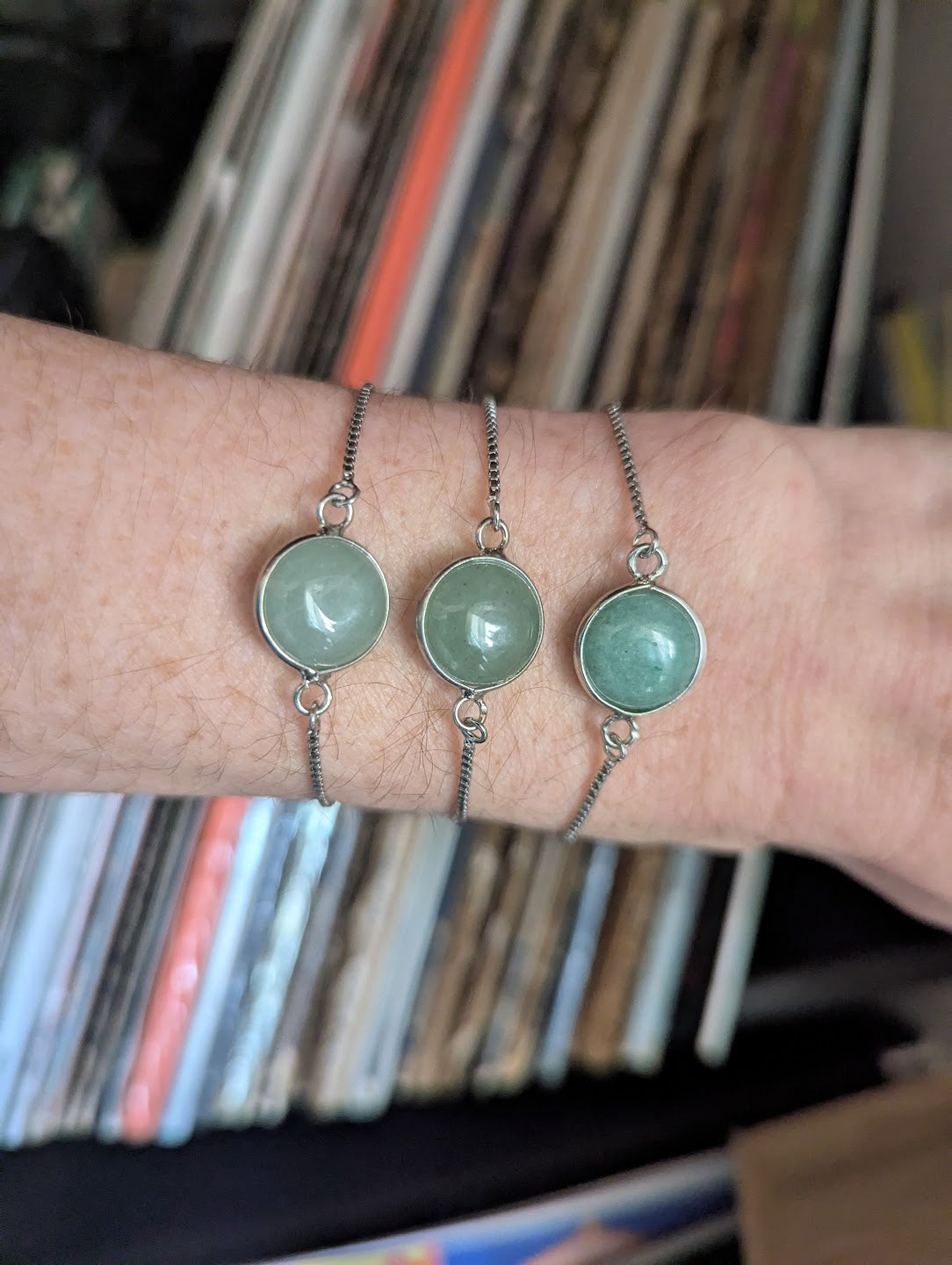 Round Green Aventurine Silver Slider Bracelet