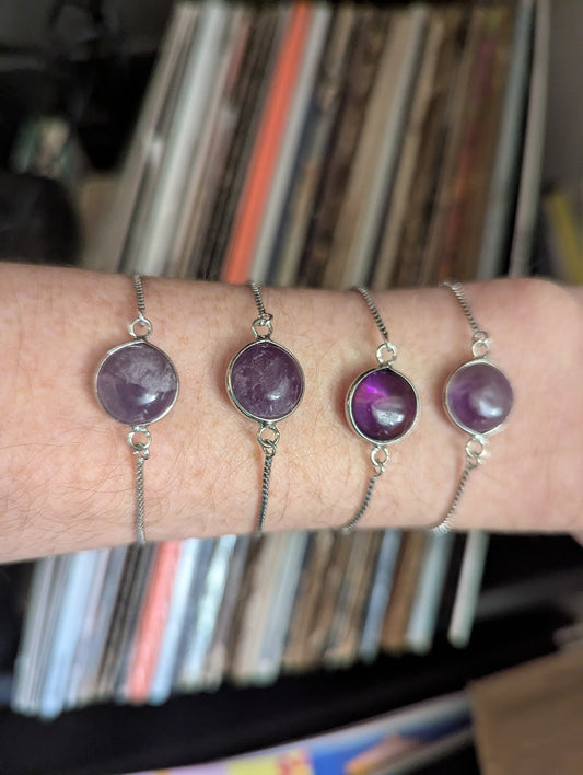 Round Amethyst Silver Slider Bracelet