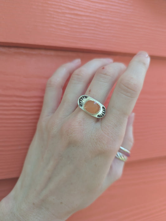 Faceted Peach Moonstone Stamped Sterling Silver Ring - Size 7 and 8