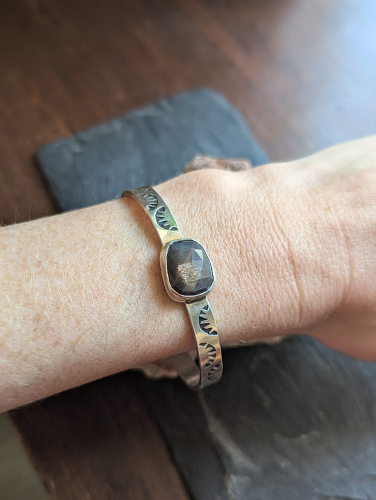 Stamped Black Sunstone Sterling Silver Cuff