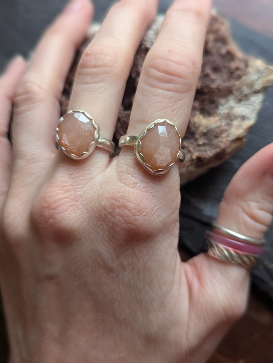 Faceted Peach Moonstone Sterling Silver Ring - Size 5.5 and 8