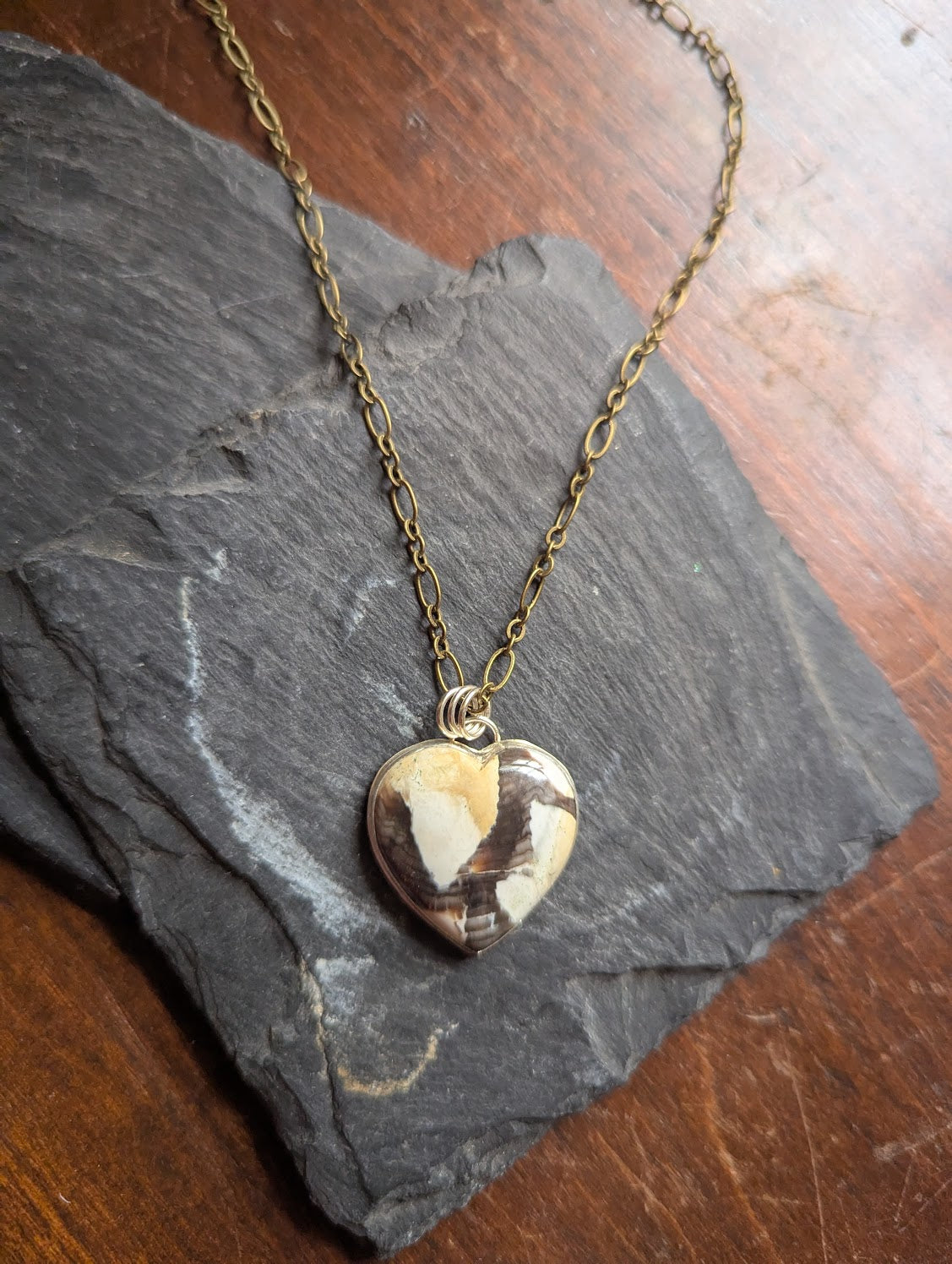 Petrified Wood Heart Mixed Metal Necklace