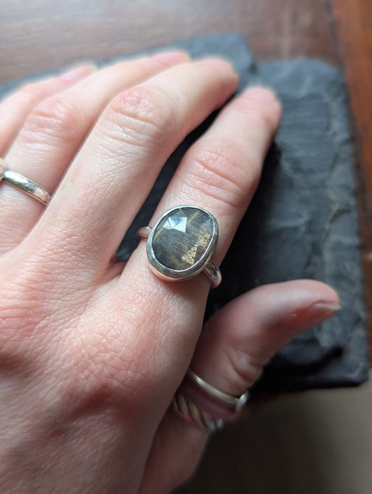 Black Sunstone Silver Ring - Size 7.5