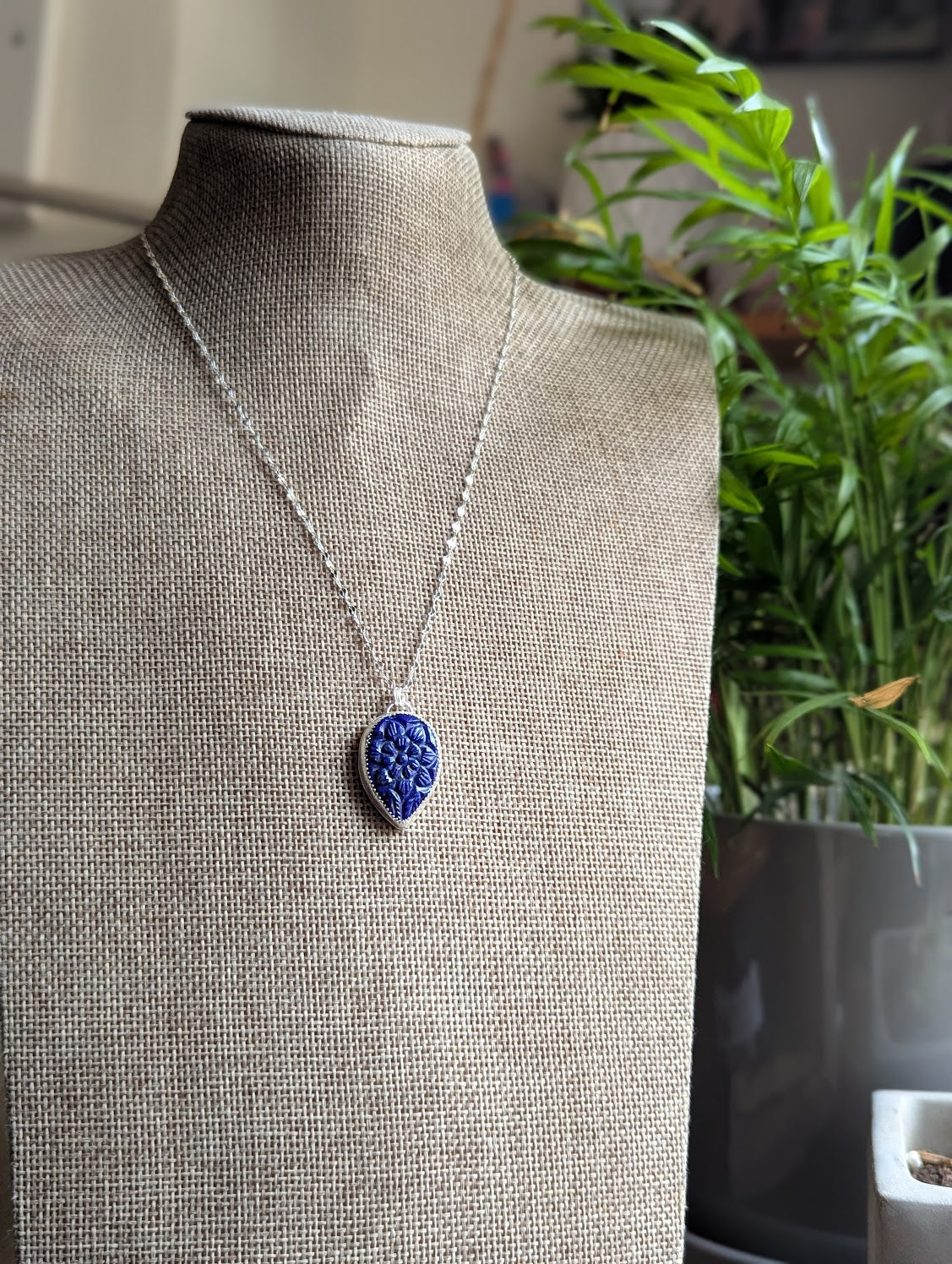 Carved Tear Drop Lapis Lazuli Sterling Silver Necklace