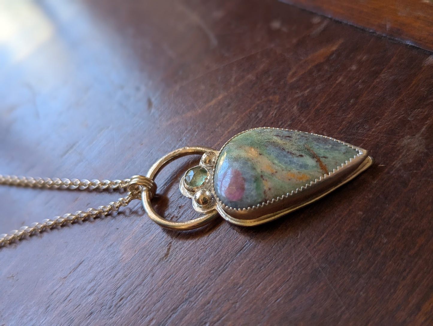 Ruby Fuchsite and Green Kyanite Full Circle Sterling Silver Necklace
