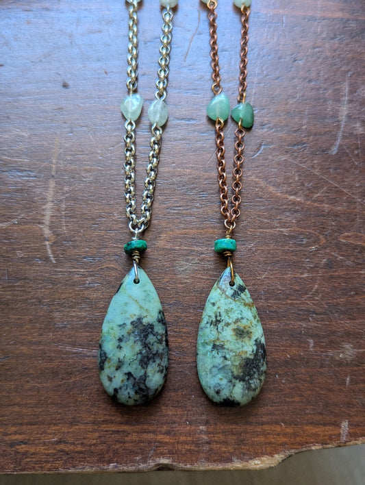 African Turquoise and Green Aventurine Necklace (Silver or Brass)
