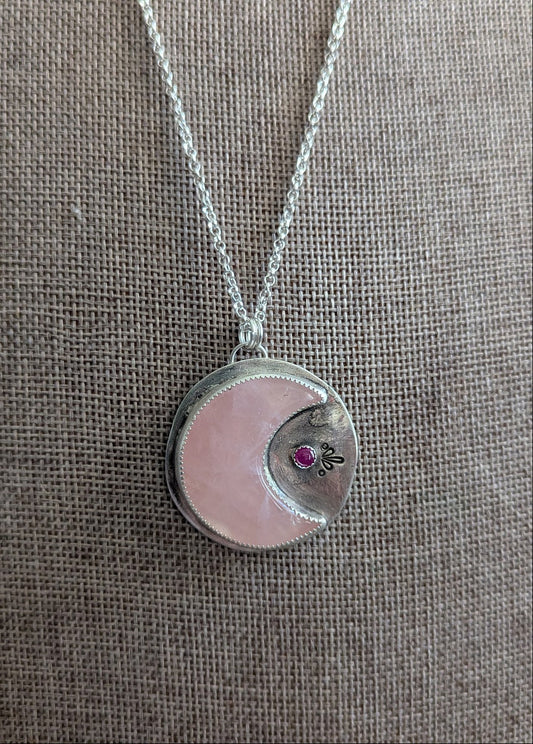 Rose Quartz Crescent Moon and Pink Sapphire Sterling Silver Necklace