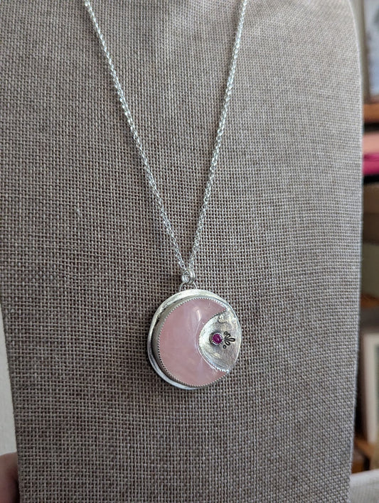 Rose Quartz Crescent Moon and Pink Sapphire Sterling Silver Necklace