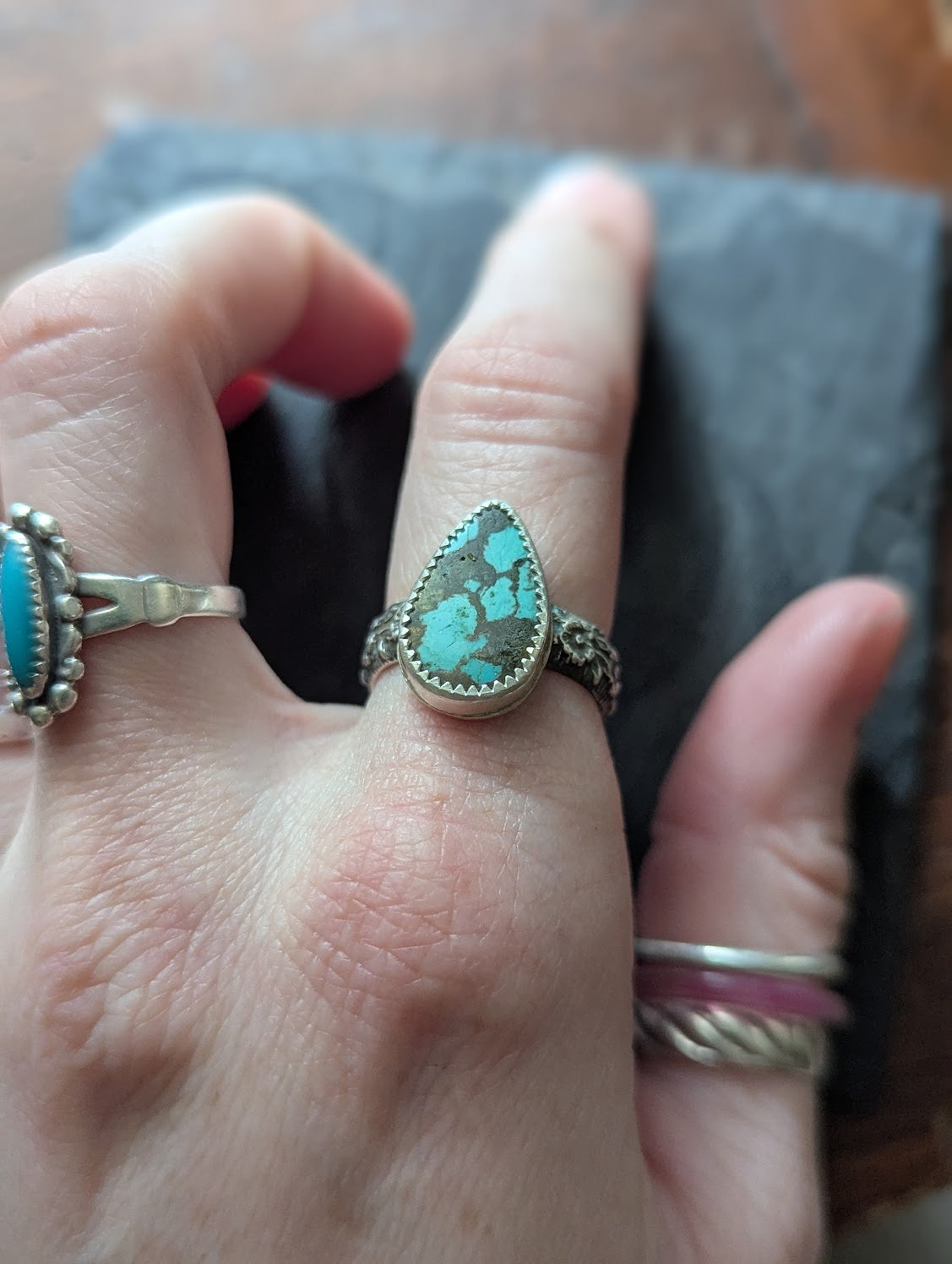 Hubei Turquoise Tear Drop Silver Ring - Size 7