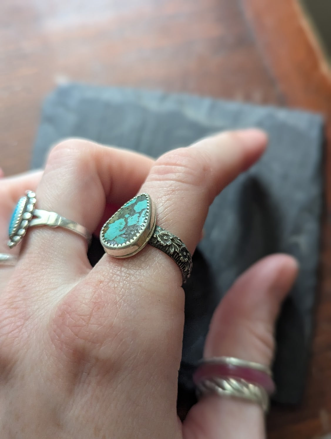 Hubei Turquoise Tear Drop Silver Ring - Size 7