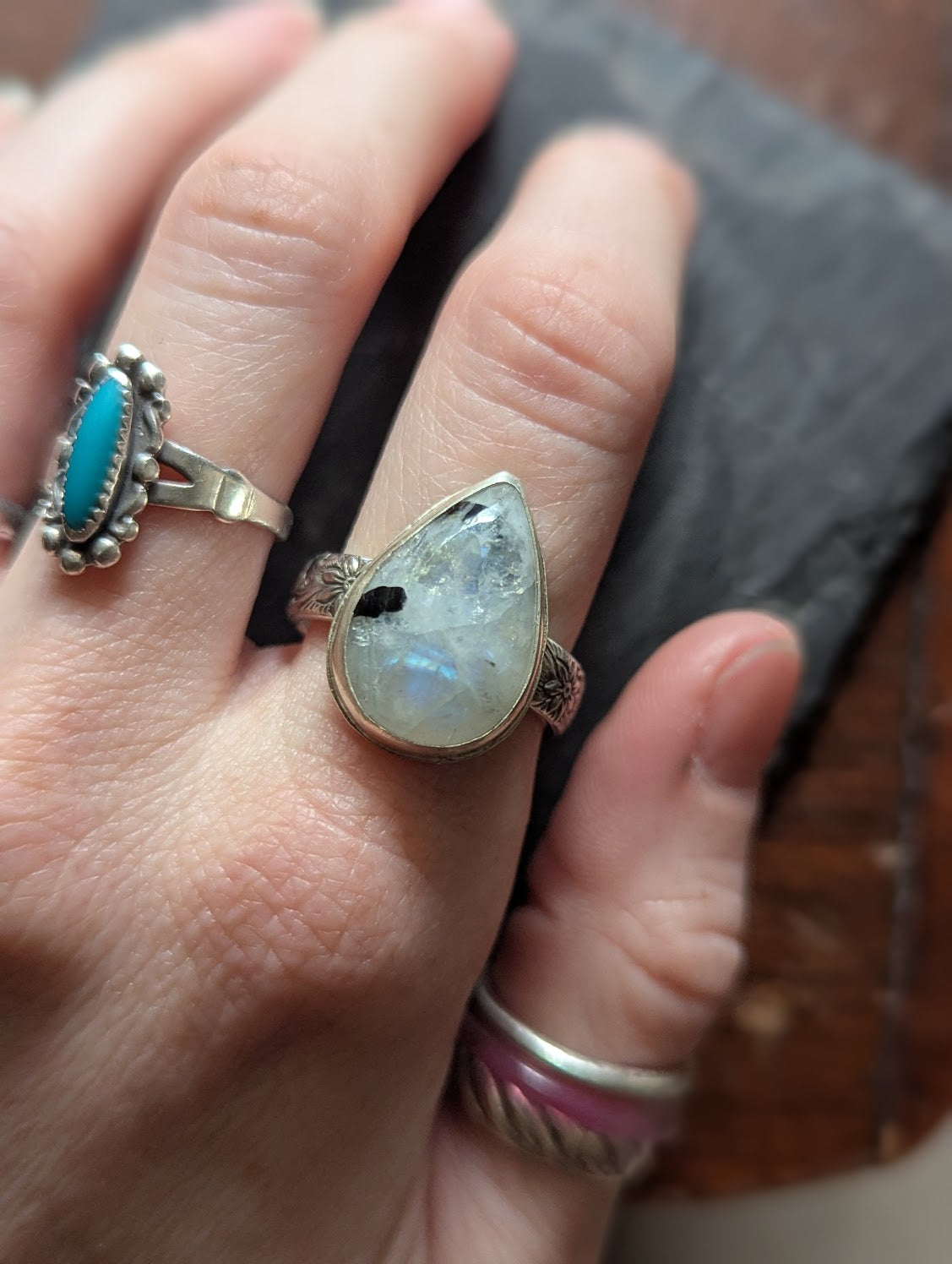 Moonstone and Tourmaline Tear Drop Silver Ring - Size 10