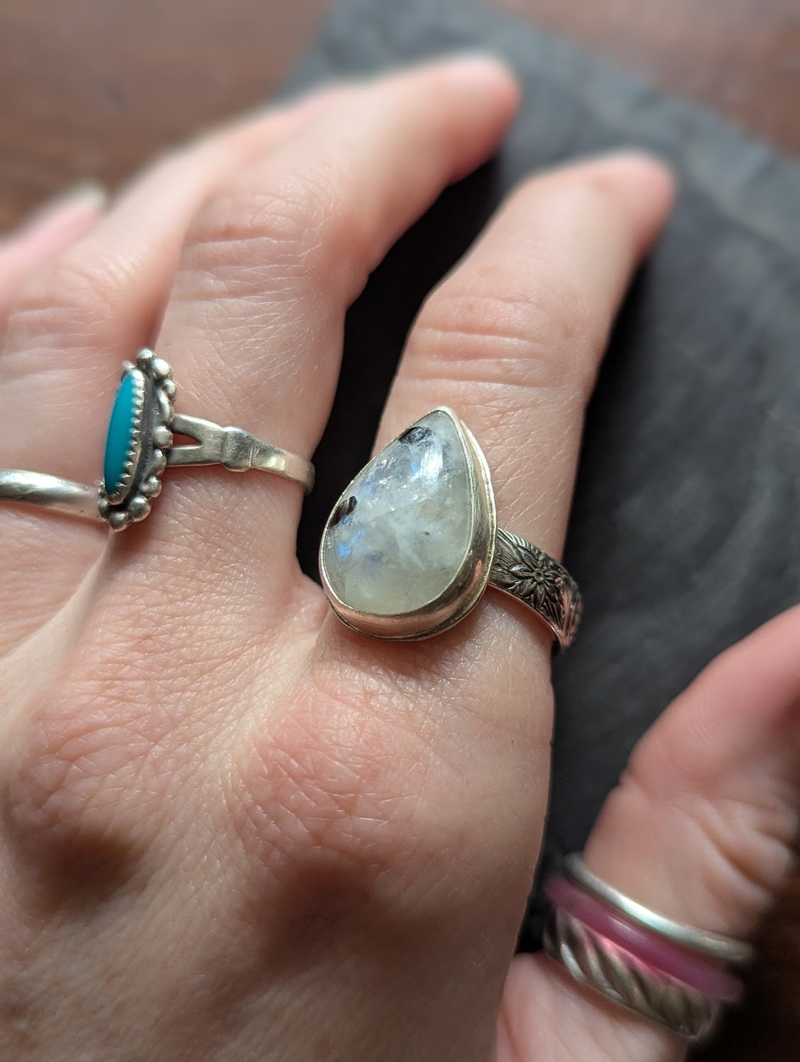 Moonstone and Tourmaline Tear Drop Silver Ring - Size 10
