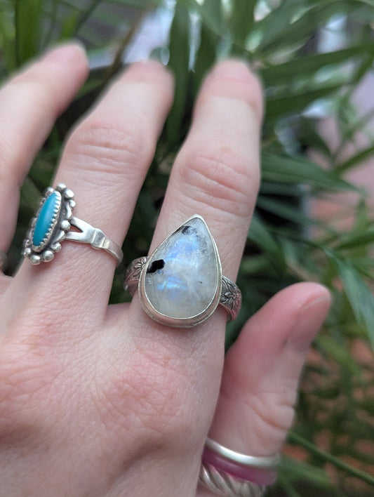 Moonstone and Tourmaline Tear Drop Silver Ring - Size 10