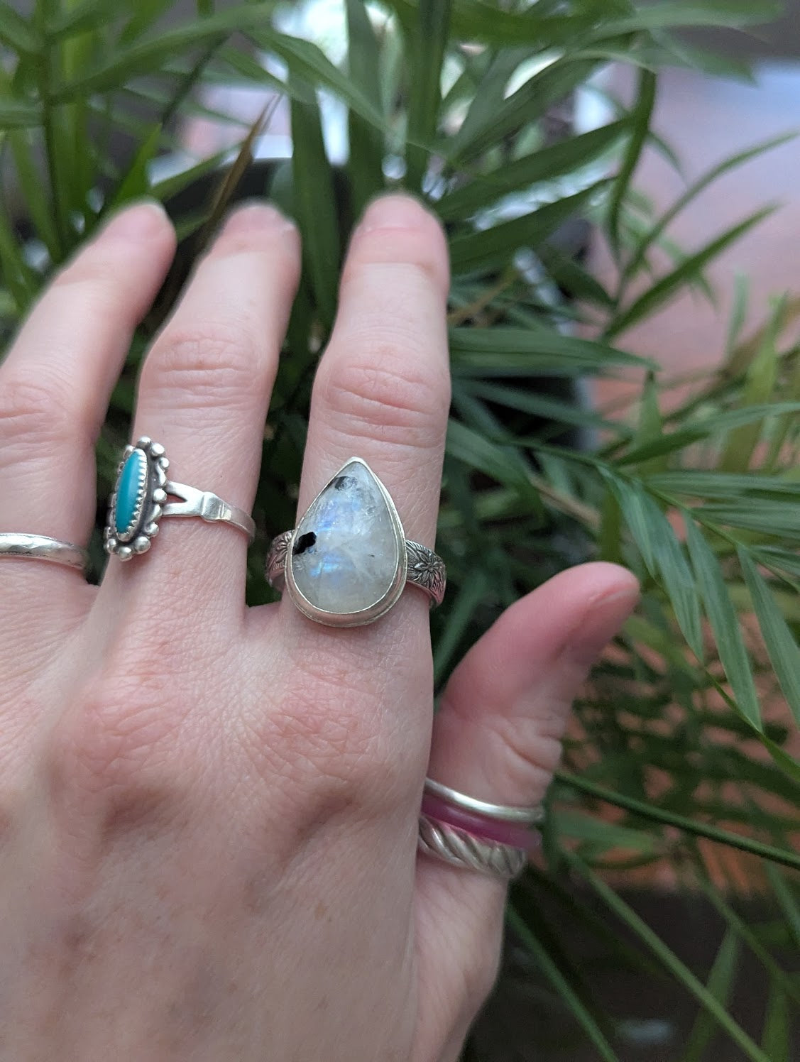 Moonstone and Tourmaline Tear Drop Silver Ring - Size 10