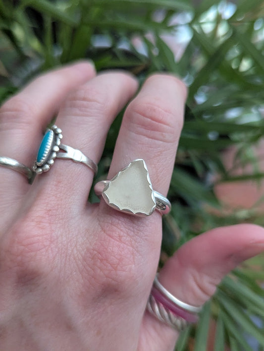 White Seaglass Silver Ring - Size 9.5