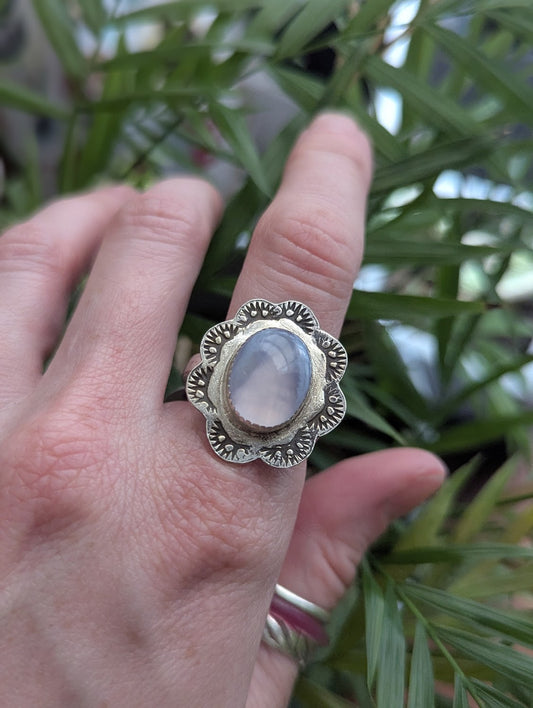 Blue Lace Agate Floral Stamped Silver Ring - Size 10.5