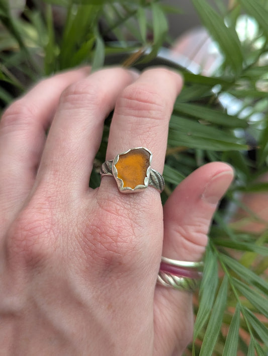 Brown Seaglass Striped Band Silver Ring - Size 8