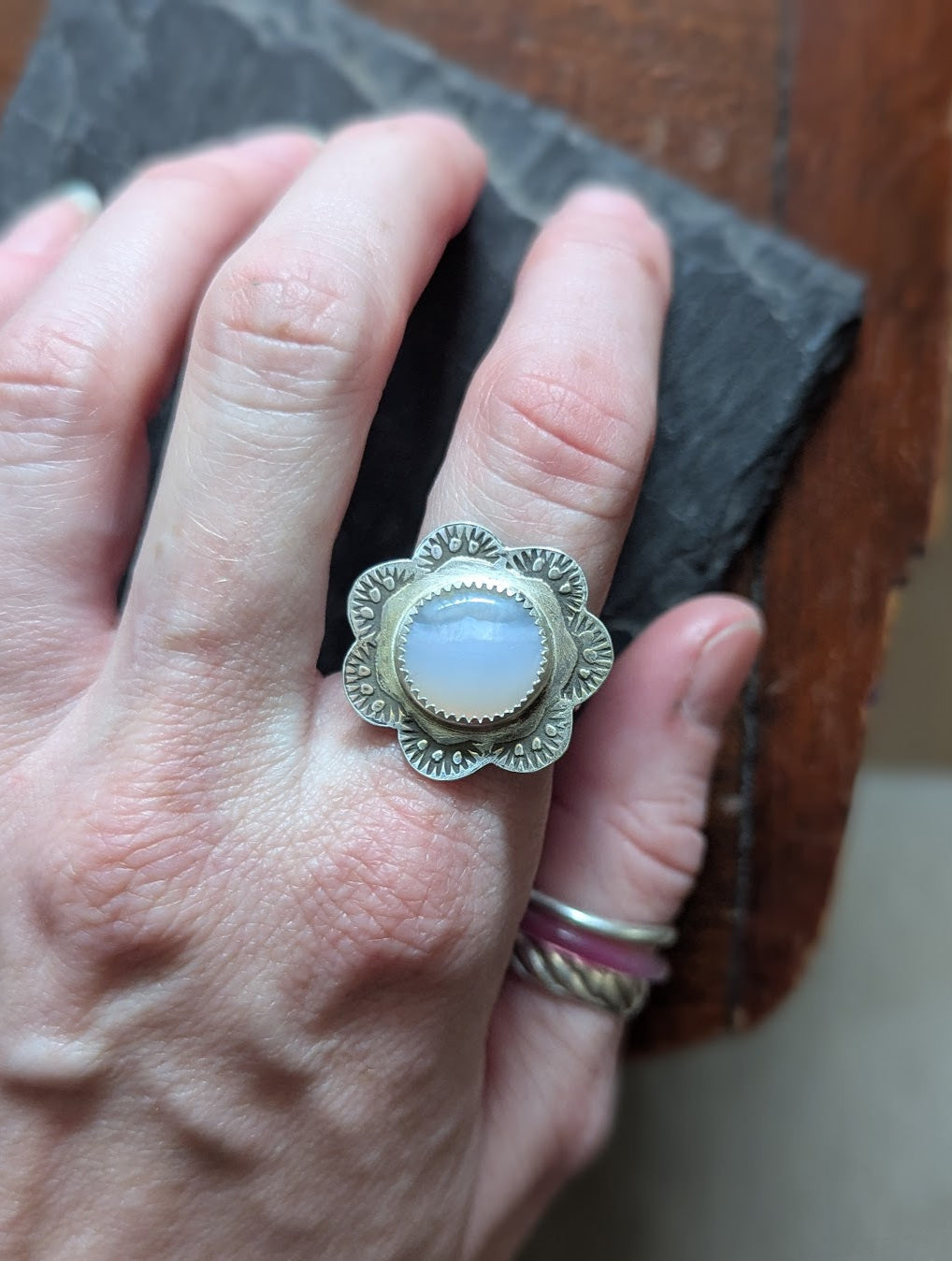 Blue Lace Agate Floral Stamped Silver Ring - Size 8