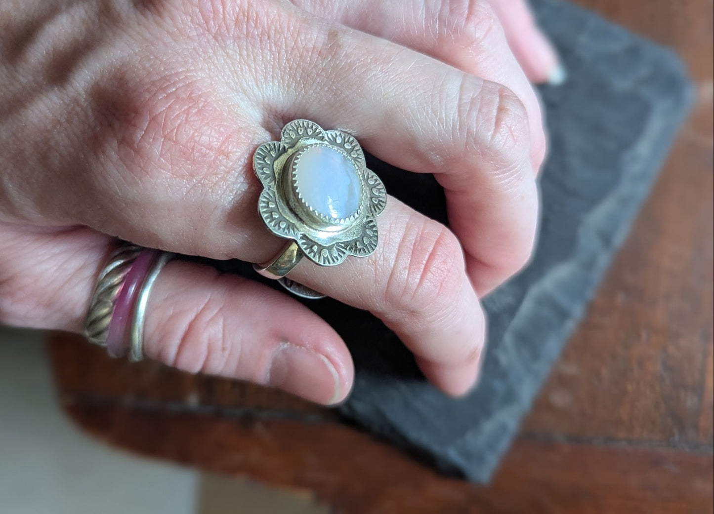 Blue Lace Agate Floral Stamped Silver Ring - Size 8