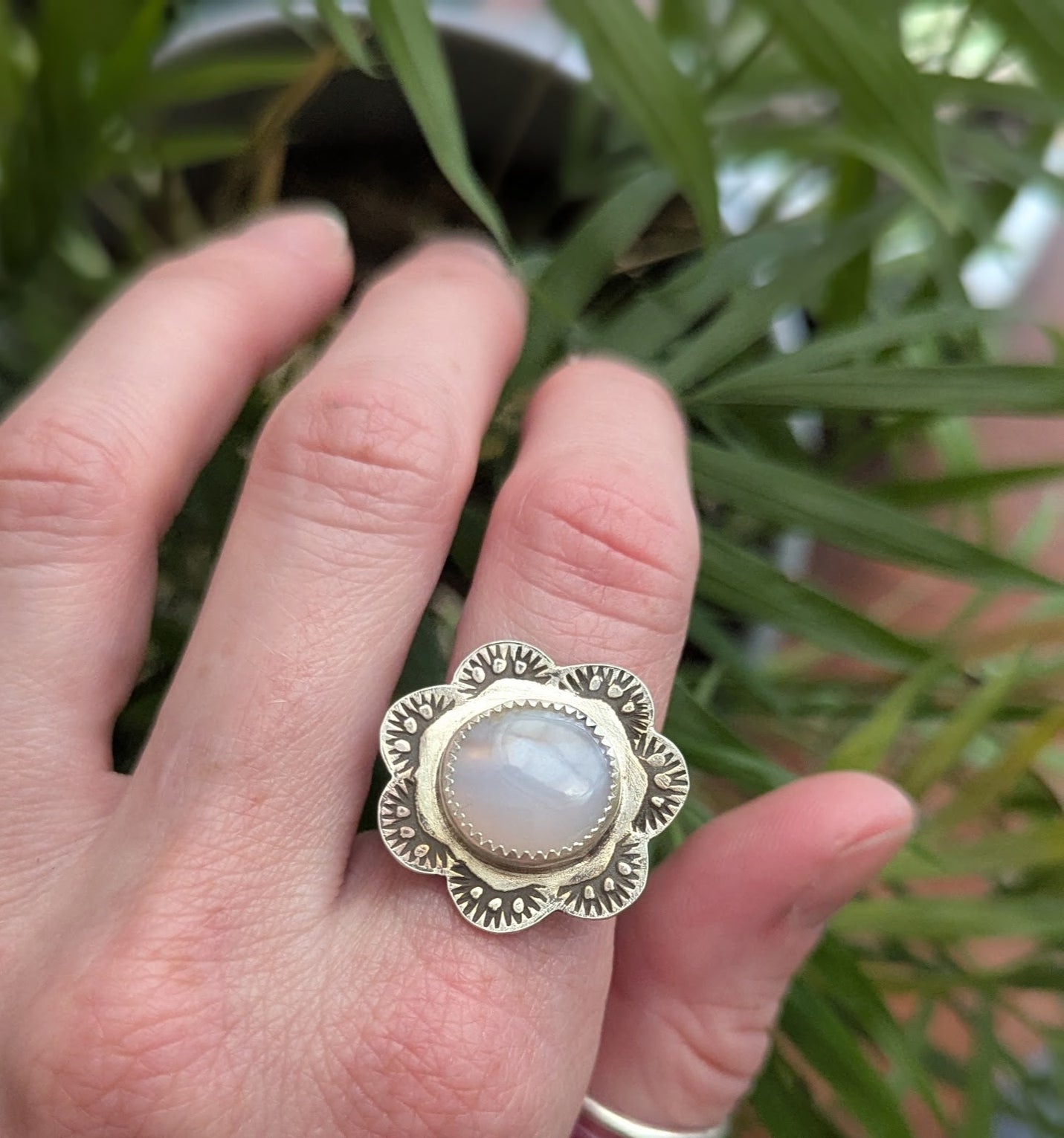 Blue Lace Agate Floral Stamped Silver Ring - Size 8