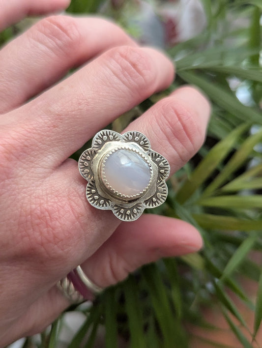 Blue Lace Agate Floral Stamped Silver Ring - Size 8