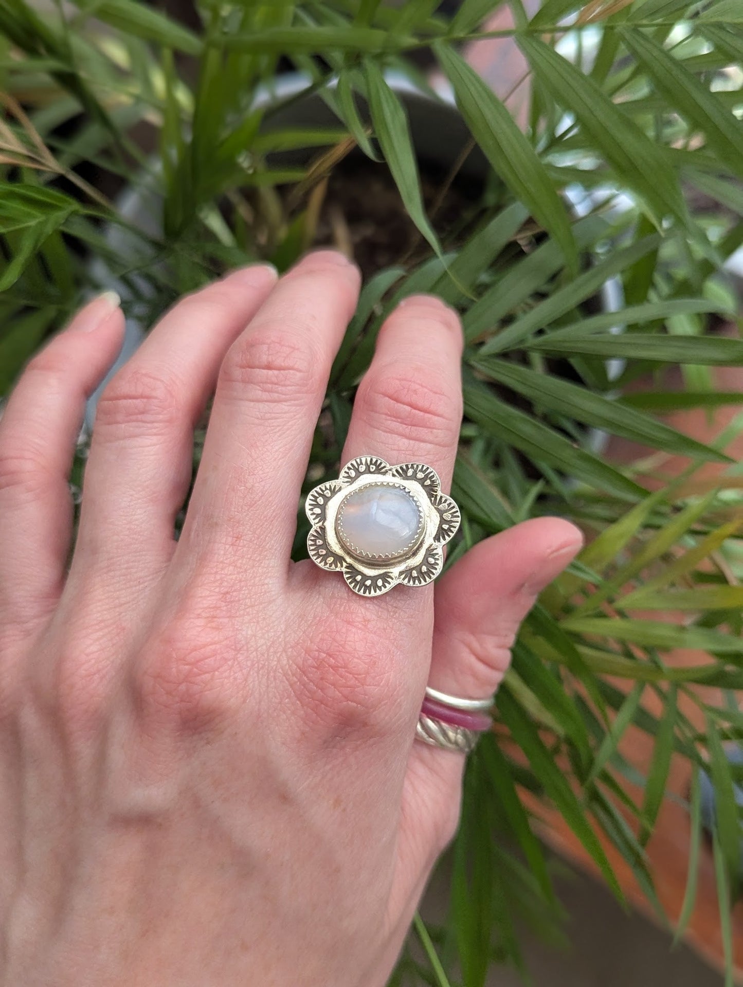 Blue Lace Agate Floral Stamped Silver Ring - Size 8