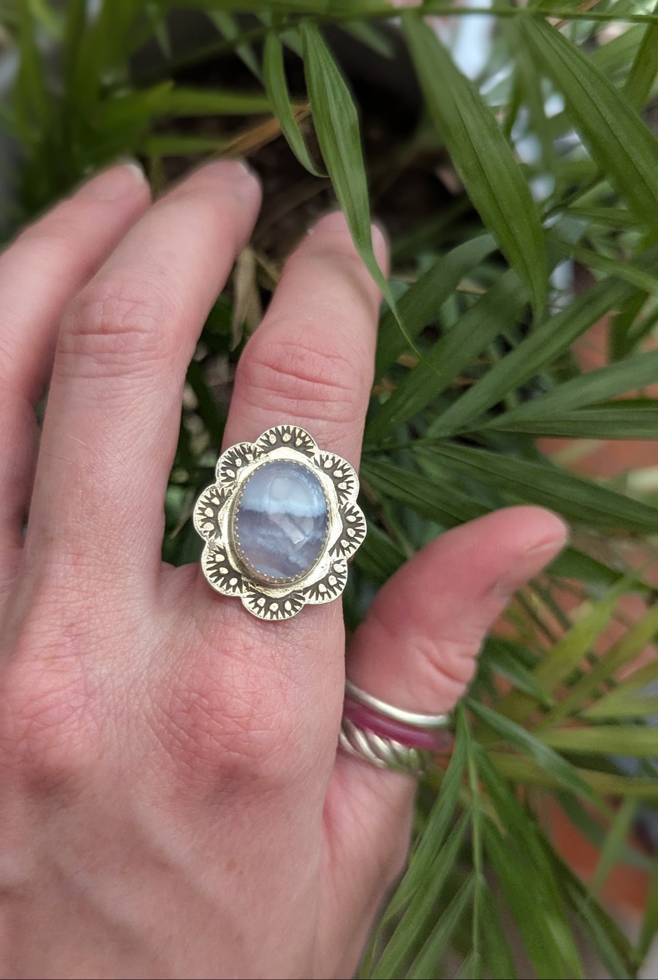 Blue Lace Agate Floral Stamped Silver Ring - Size 7