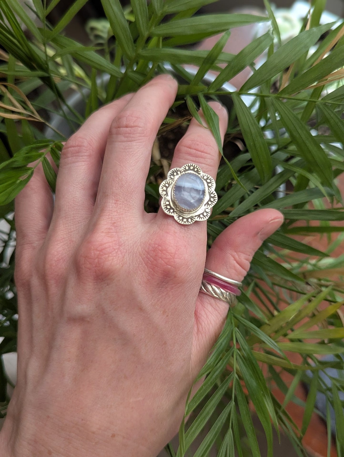 Blue Lace Agate Floral Stamped Silver Ring - Size 7