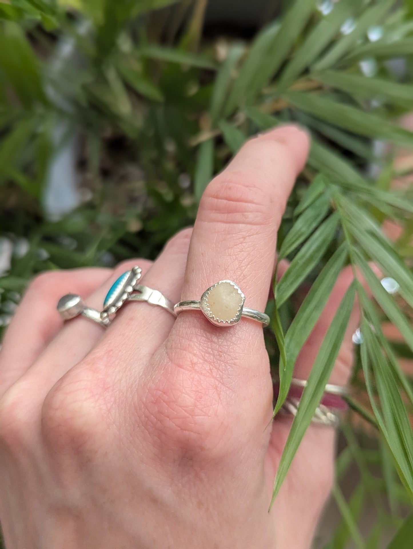 White Beach Stone Silver Ring - Size 6