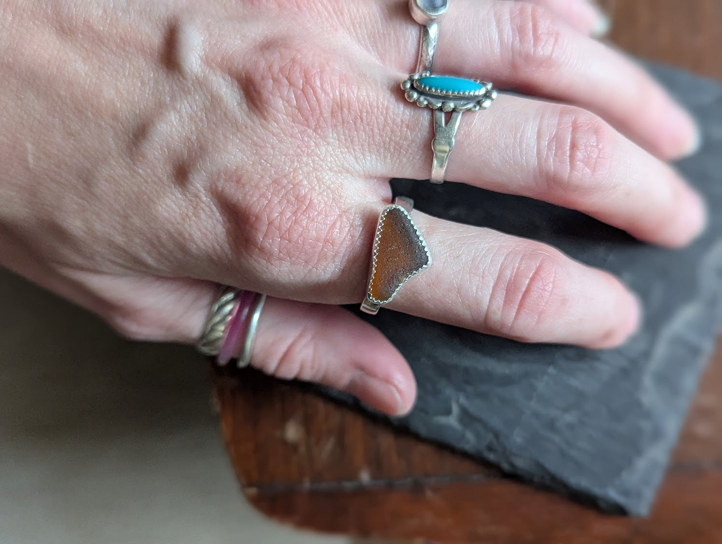 Brown Seaglass Silver Ring - Size 9