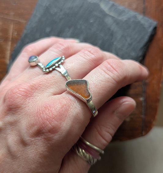 Brown Seaglass Silver Ring - Size 9