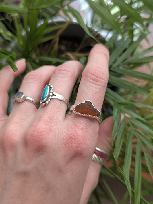Brown Seaglass Silver Ring - (Ready to Ship) Size 9