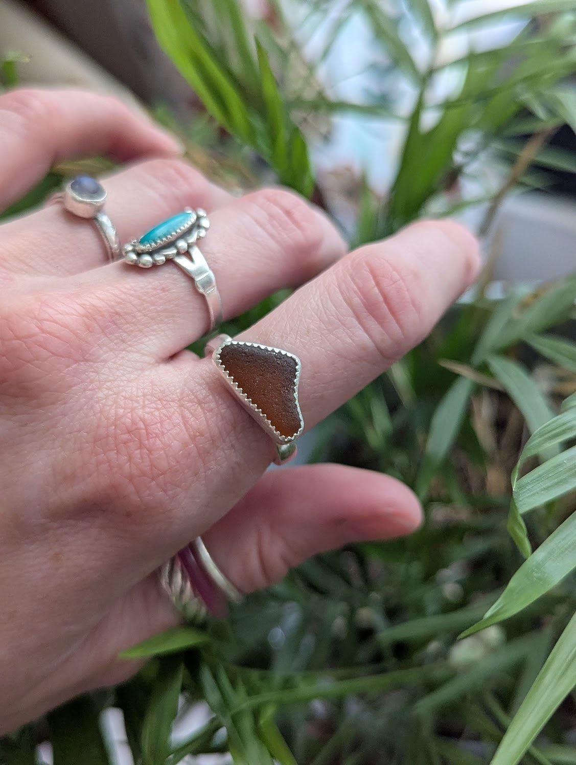 Brown Seaglass Silver Ring - Size 9