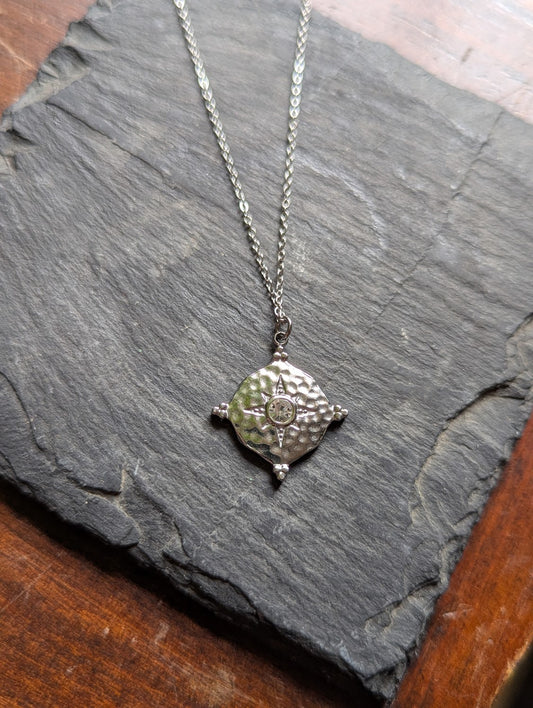 Silver Compass North Star CZ Stainless Necklace