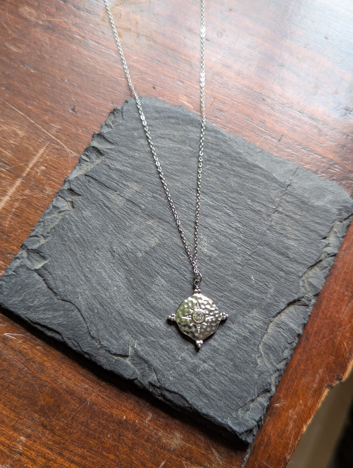 Silver Compass North Star CZ Stainless Necklace