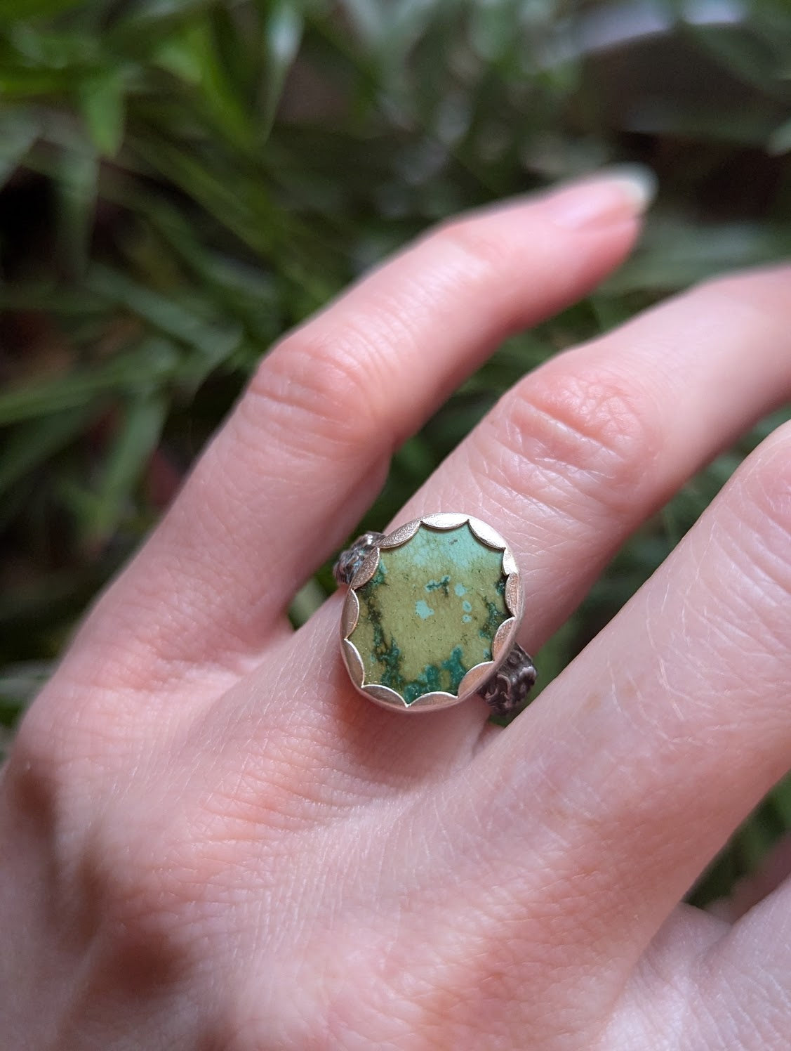 Oval Blue Green Turquoise Silver Ring - Size 5