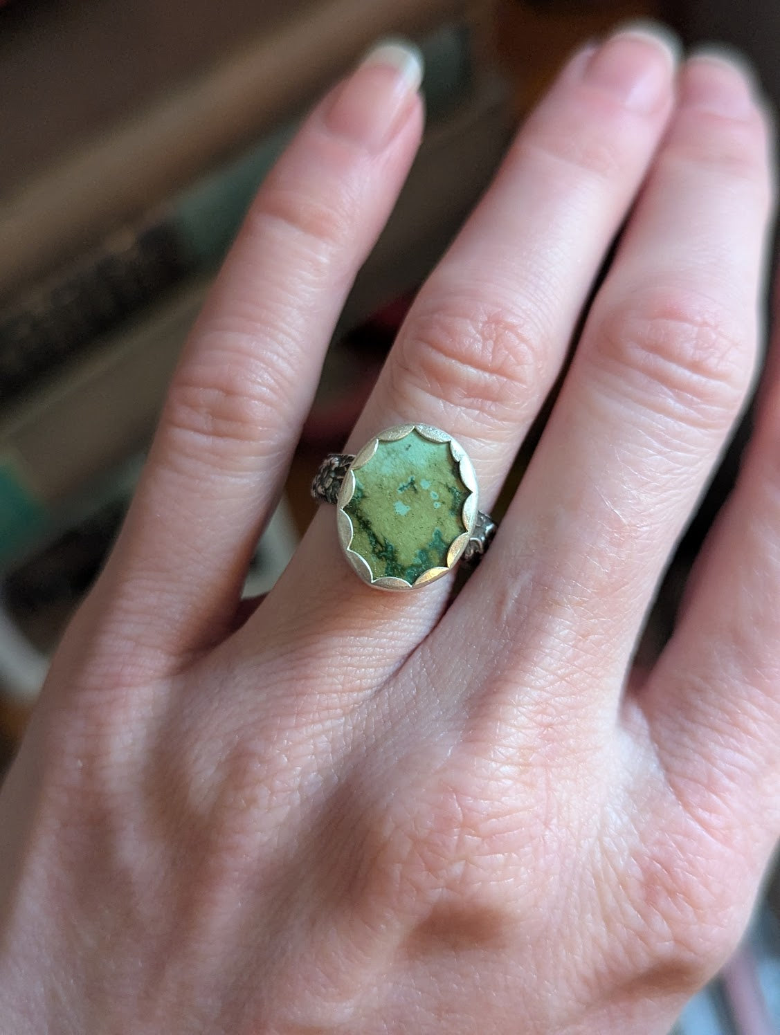 Oval Blue Green Turquoise Silver Ring - Size 5