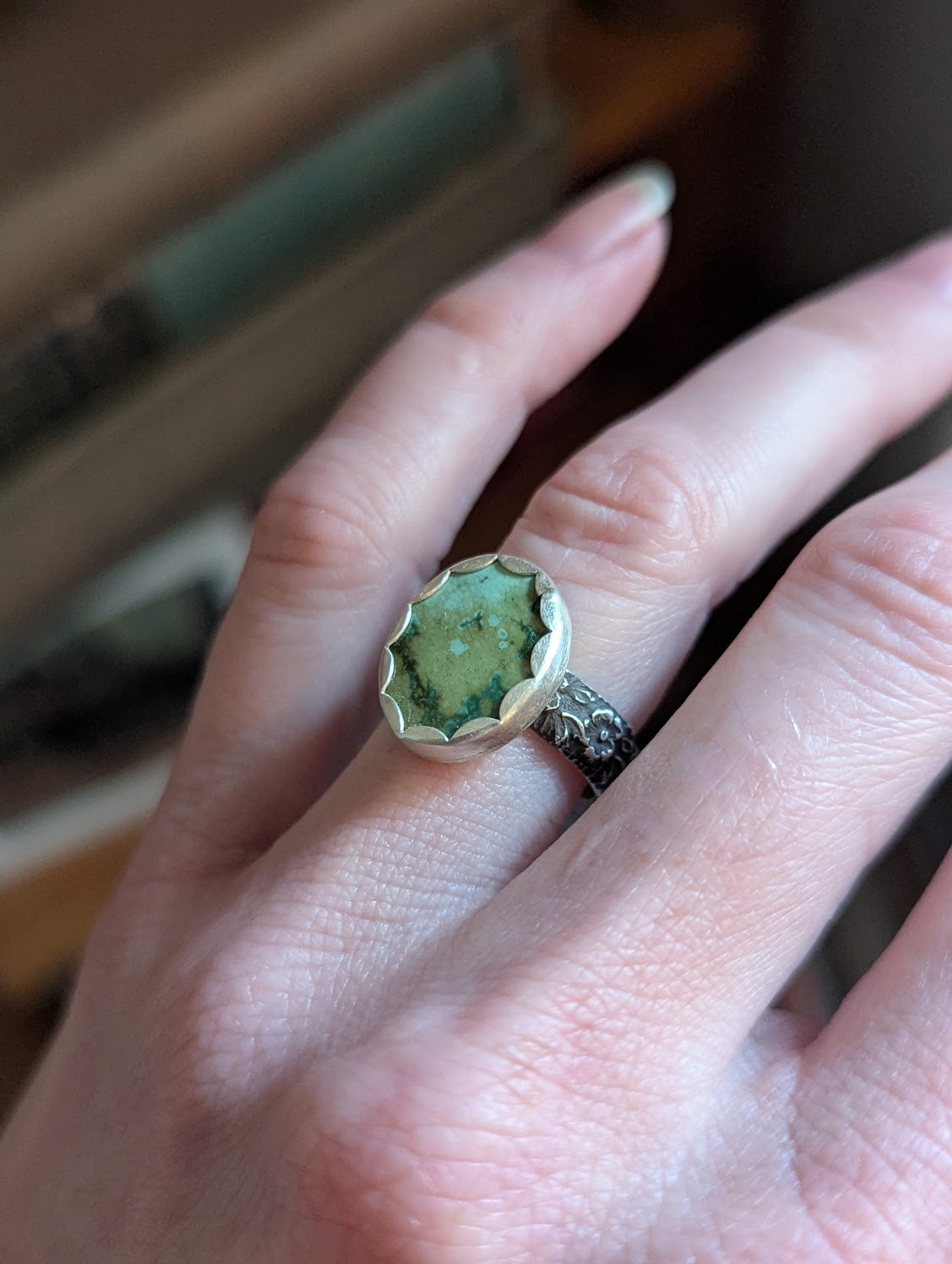 Oval Blue Green Turquoise Silver Ring - Size 5