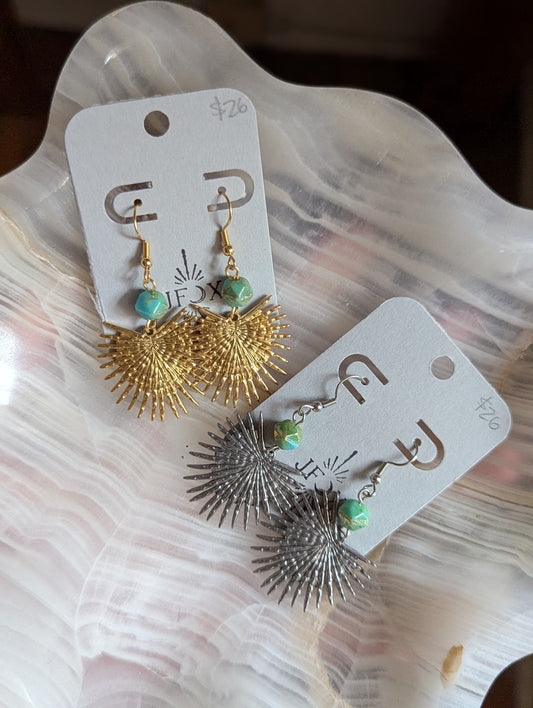 Palm Frond Turquoise Earrings (Silver or Gold)