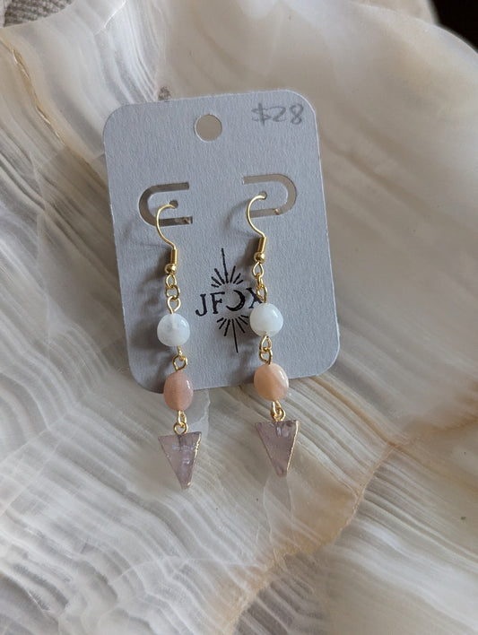 Mixed Moonstone Rose Quartz Gold Earrings