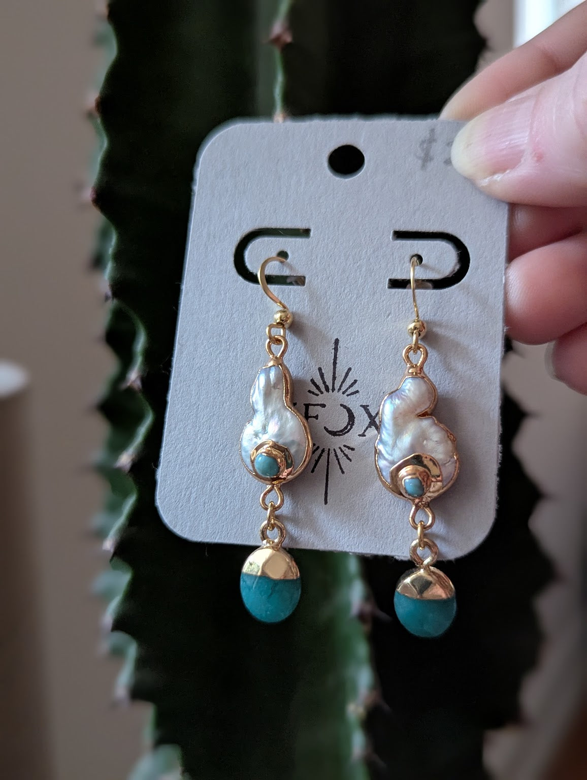 Freshwater Pearl Turquoise Jade Gold Earrings