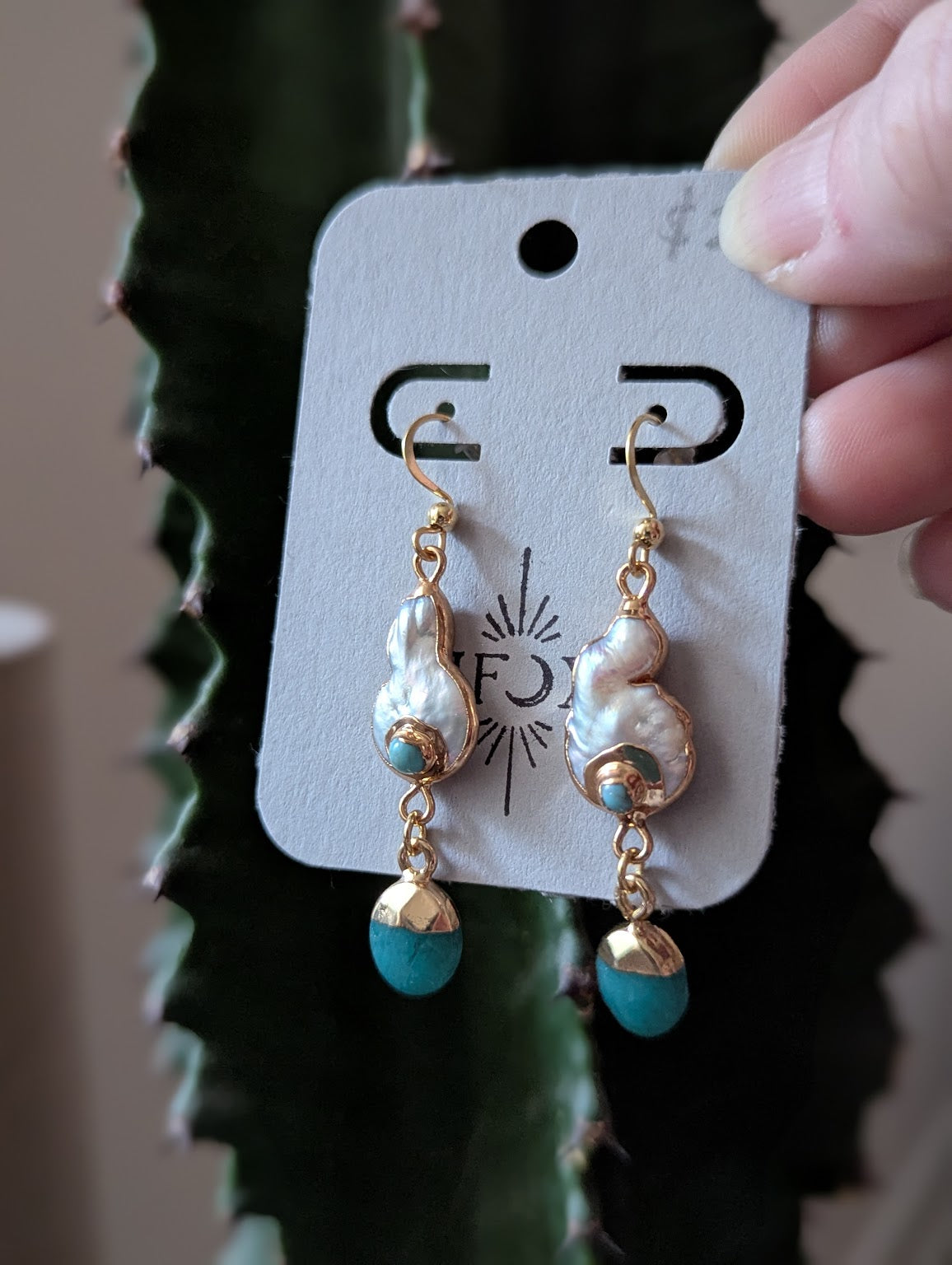 Freshwater Pearl Turquoise Jade Gold Earrings