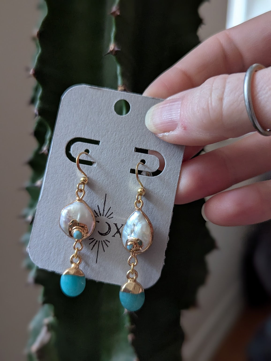 Freshwater Pearl Turquoise Jade Gold Earrings