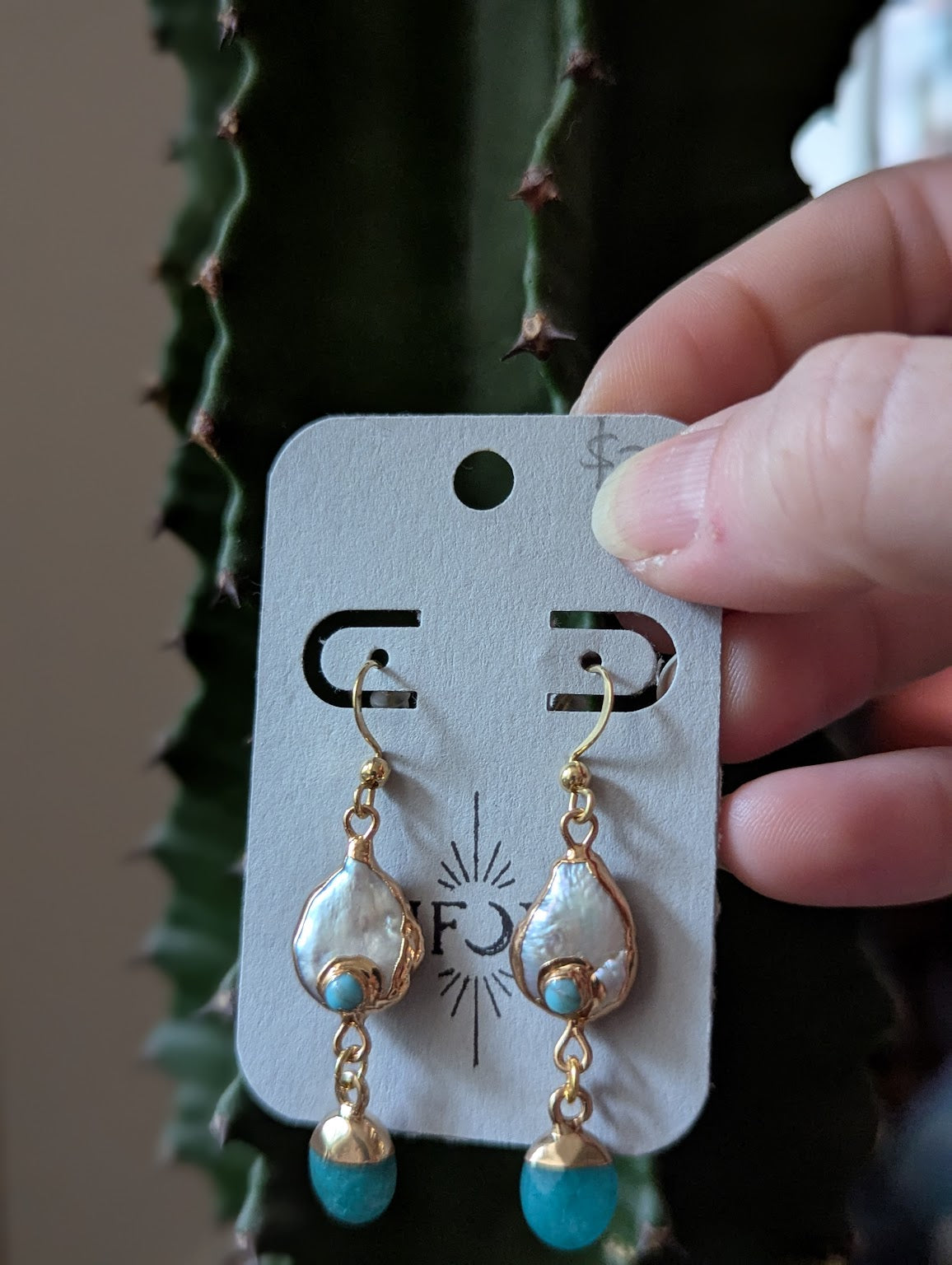Freshwater Pearl Turquoise Jade Gold Earrings